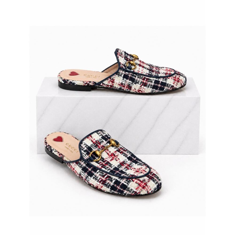 Gucci Princetown Tweed Mules Horsebit Gardenia Ink Blue Size 36.5